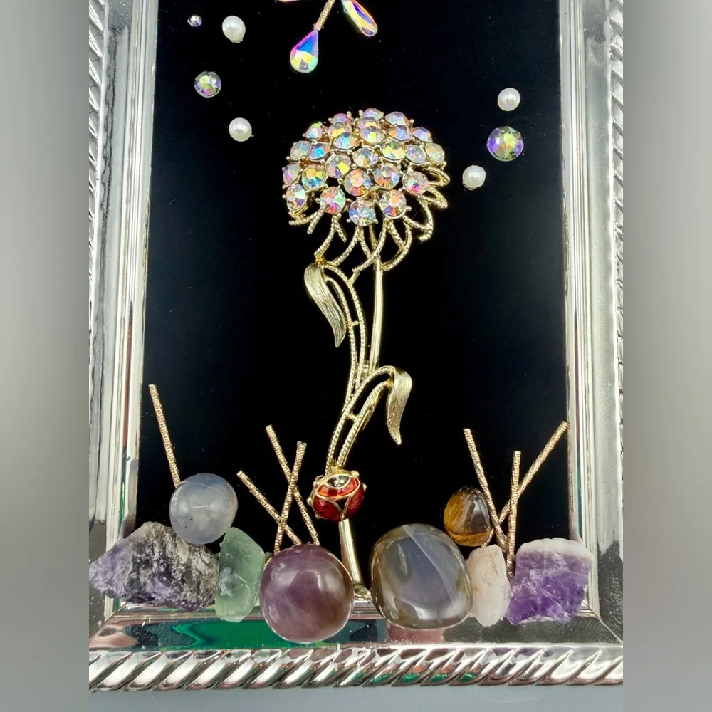 Handmade Vintage Dandelion Jewelry Art Rhinestone Flower Crystals Ladybug - Picture 5 of 7